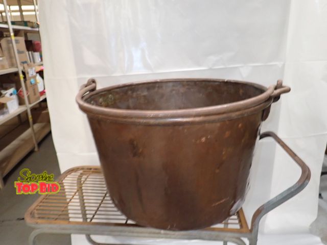 Lot 59-10282 - Antique Giant Copper Kettle with Iron Bail 18" Depth x 29" Diameter, No Holes. Estimated value $400....