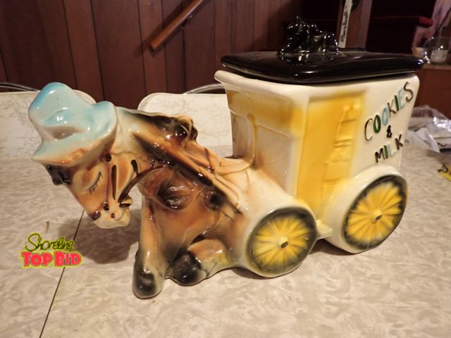 Lot 59-43171 - Mid-Century 1940s-50s American Bisque Cookies &amp; Milk Donkey with Cart Ceramic Cookie Jar, No Chi...
