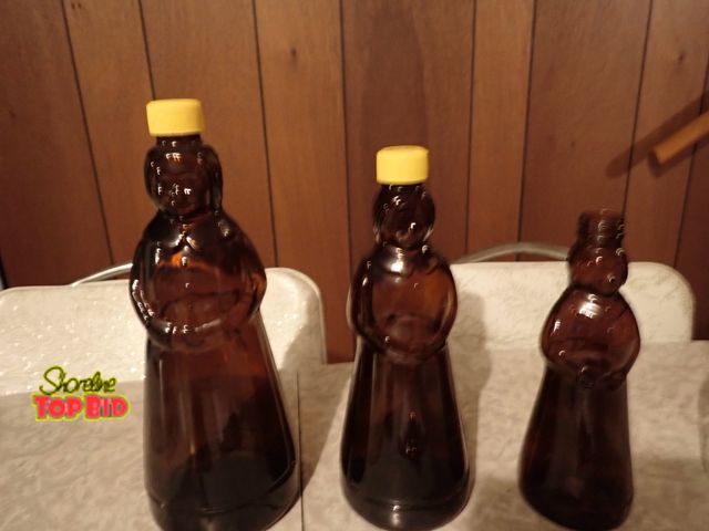 Lot 59-43106 - 3 Vintage Glass Mrs. Butterworth Syrup Bottles, 3 Sizes - 1 missing cap