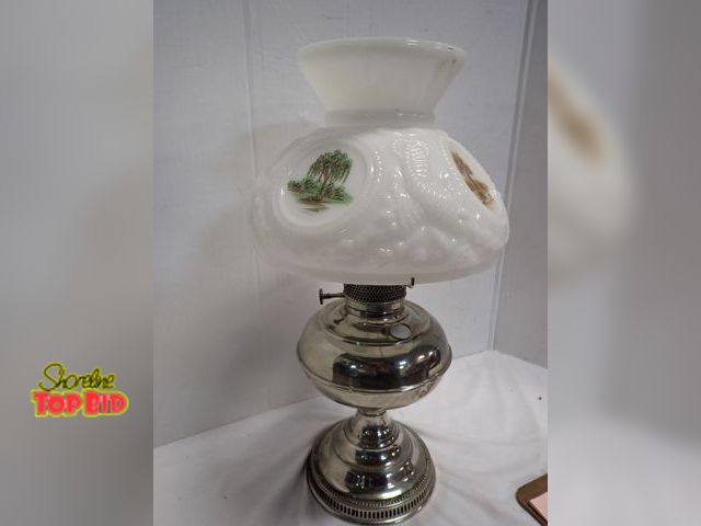 Lot 59-14024 - Ca. 1895, Victorian Nickle plated Hurricane Parlor Oil Lamp (G.W.T.W) Hand Painted Milk Glass Shade ...