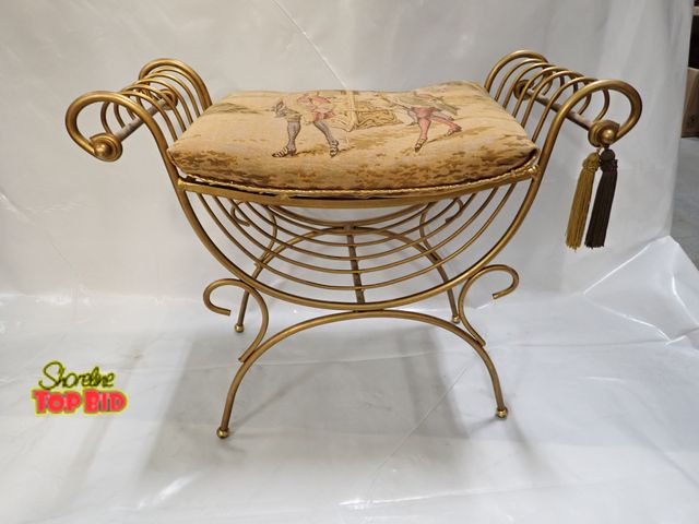 Lot 59-14228 - Elegant Vintage Halian Hollywood Regency Style Vanity Bench, Curule Design Crafted Metal with Gold T...