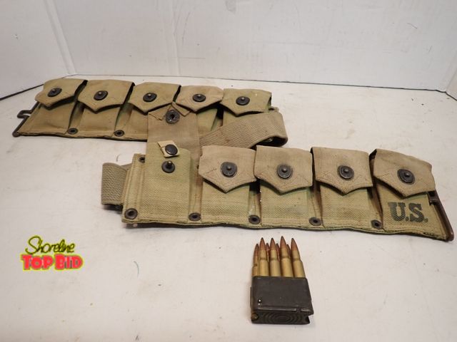Lot 59-14647 - 1941 M1923 10-Pocket Canvas Belt with 10 Fully Loaded Clips .30-06 Springfield Cartridge U.S. Rifle ...