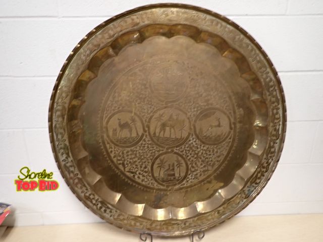 Lot 59-14358 - 35" dia Heavy Gauge Brass Platter, Mid-Century Moroccan featuring Camels &amp; Palms