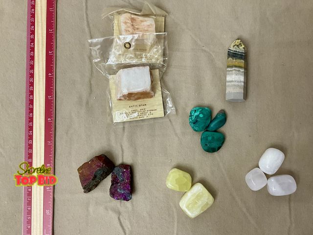 Lot 59-83050 - Nice assortment of rocks- satin spar, peacock ore, lemon calcite, malachite, bumble bee jasper tower...