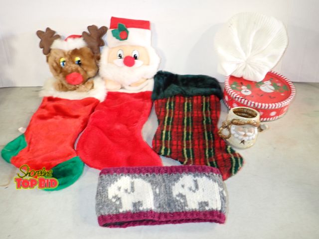 Lot 59-58087 - Christmas Stockings, Winter Hats Cookie Tin, Candle Holder
