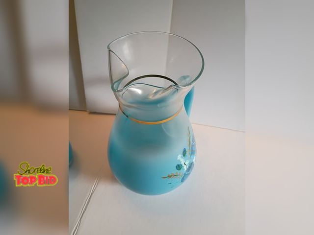 Lot 59-10197 - Vintage hand painted blendo glass set in robbins egg  blue. One pitcher 6 glasses