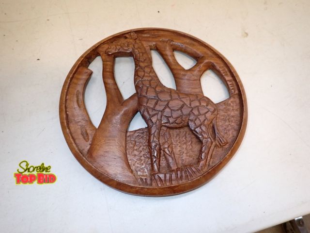 Lot 59-30021 - Hand Carved 9" dia, 1 Piece Giraffe Round Wood 3D Art Plaque
