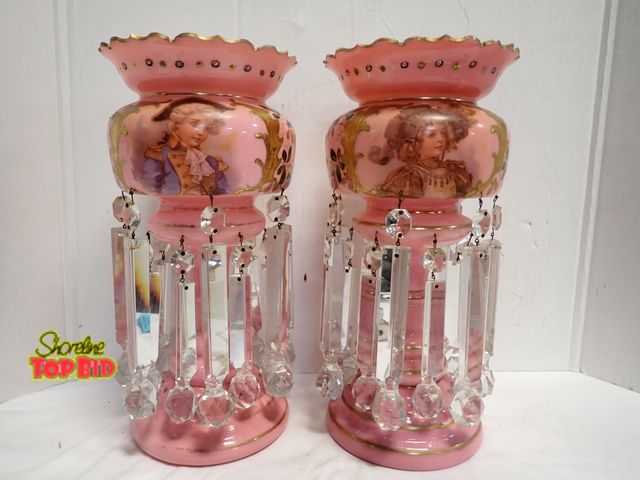 Lot 59-14067 - Pair of Antique Victorian-era Pink Opaline Glass Lustres Features Intricate Hand Painted Portraits a...