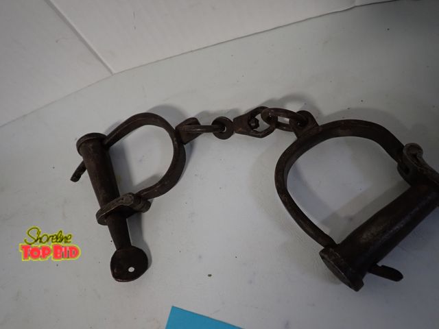 Lot 59-10342 - Pair of Antique Hand-Forged Iron Shackles 1800s - Original, with Key