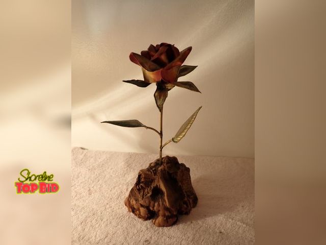 Lot 59-43414 - Vintage Brutalist Copper Rose Sculpture Burlwood Base