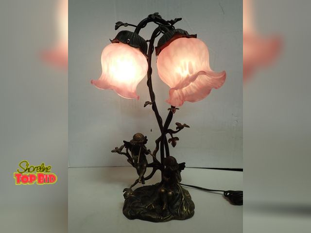 Lot 59-14147 - Art Nouveau Bronze Body Table Lamp with 2 Hand Blown Pink Glass Lily Shades, featuring 2 Cherub Play...