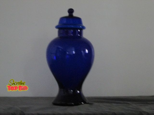 Lot 59-10020 - Cobalt Blue 15 1/2" tall vase with lid on.  No cracks, chips or flaws.