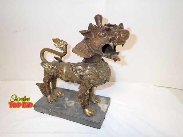 Lot 59-10187 - Mid-century 1960s Asian Tibetan Bronze Kylin Foo Dog Lion Sculpture, 10 1/2" x 10" on Marble Base. E...
