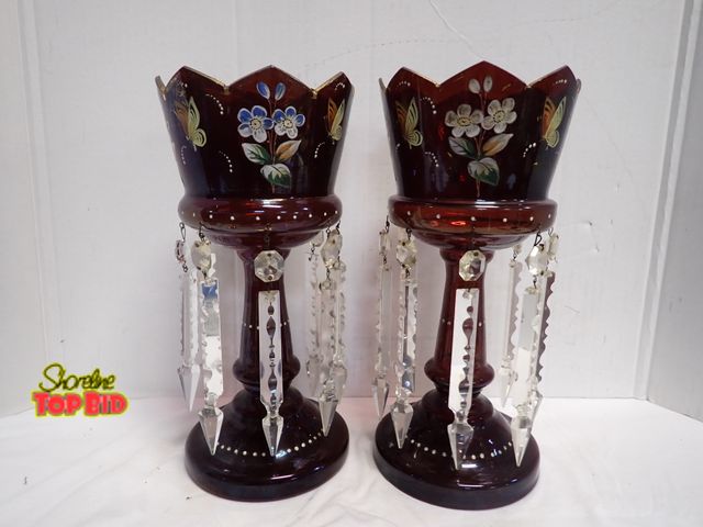 Lot 59-14062 - Pair of Antique Victorian Cranberry Glass Mantel Lustres 19th to early 20th century hand painted flo...