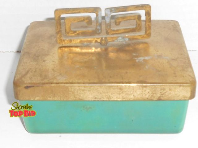 Lot 59-74304 - Mid Century Ceramic Box with Brass Lid - marked Bernes of Hollywood. Measures 3.25” H x 4.5” W x 3.3...