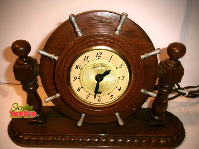 Lot 59-74460 - Vintage Lanshire Wood Ships Wheel Mantel Clock Nautical- Made in USA - non -running - needs cord rep...