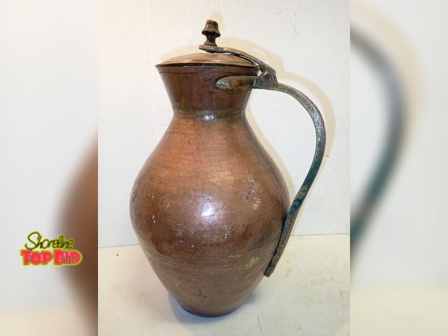 Lot 59-14545 - Antique Hammered Copper Ewer/Pitcher with Lid, 19th Century. similar pieces have been traced t Franc...