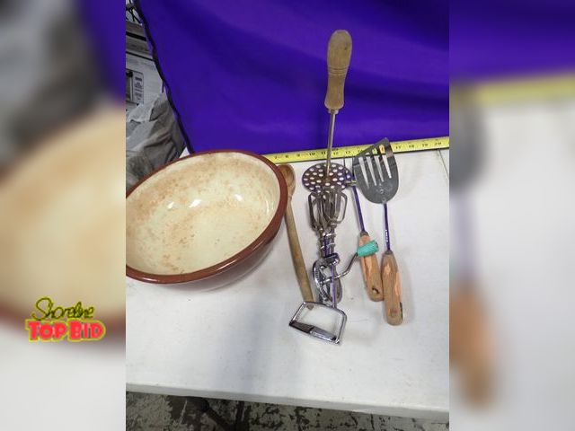 Lot 59-41498 - Antique earthenware mixing bowl with utensils