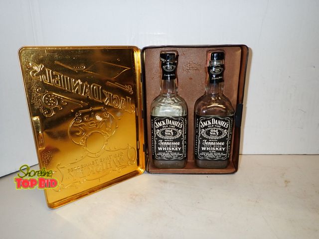 Lot 59-14203 - Vintage Jack Daniels Old No. 7 Tennessee Whiskey Collectible Tin with 2 Glass Jack Daniels Bottles
