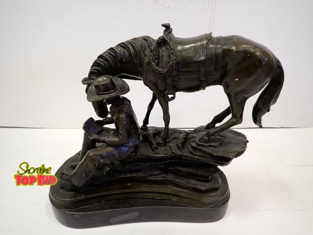 Lot 59-10029 - Bronze Sculpture, Cowboy Reading a Book with Horse, Western Themed, Founders Mark Europeans Bronze F...