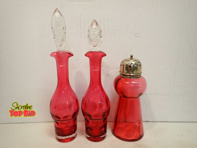 Lot 59-14366 - Antique Cranberry Thumbprint Cruet Bottle with Stopper and Antique Victorian-Era Cranberry Glass Sug...