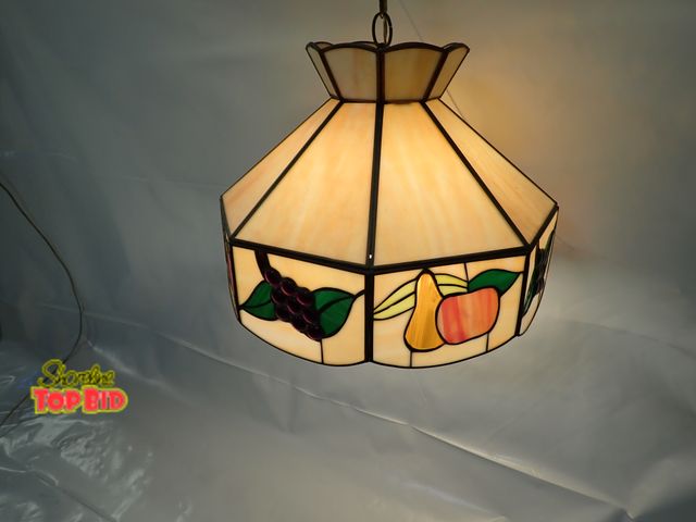 Lot 59-14672 - 1970s Art Glass Hanging Light with Various Fruits on Sides, Working, 8-Sided, 16" wide in any direct...