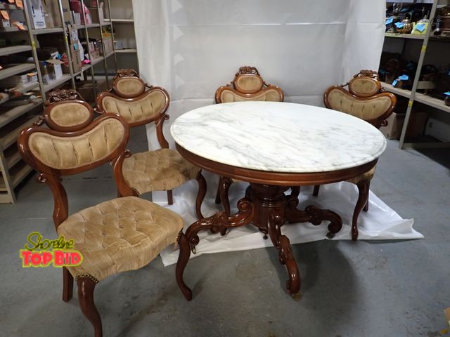 Lot 59-14246 - Ca. 1850-1880 Victorian Pedestal Table with 4 Chairs, Mahogany Construction with Marble Top 42 1/2" ...