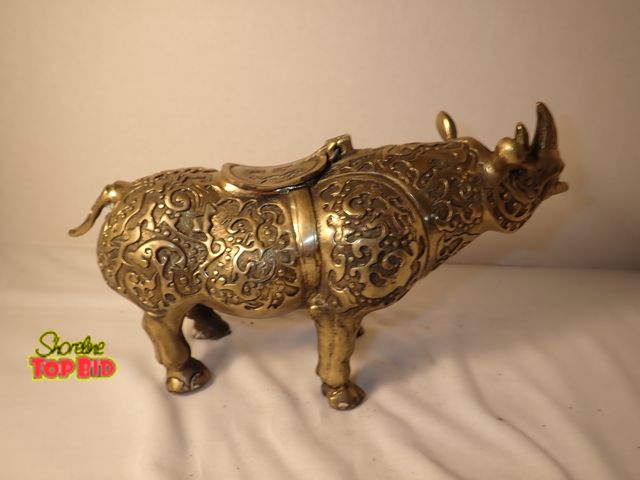 Lot 59-20051 - Chinese Brass Rhinoceros Ritual Vessel (Zun) incense burner 5 1/2" tall x 11" long