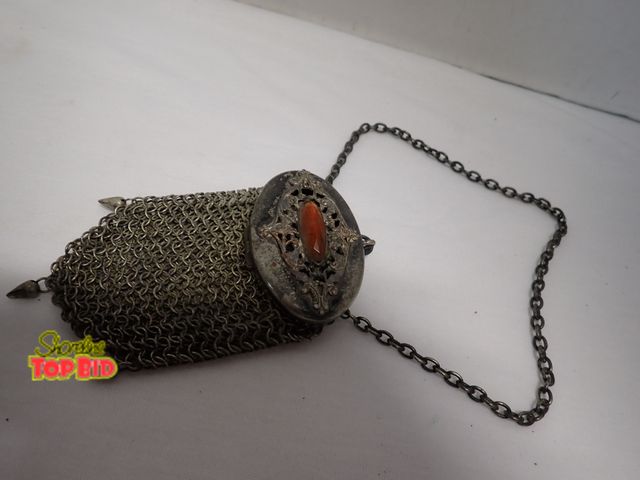 Lot 59-10340 - Victorian/Art Nouveau Silver Chain Mesh Chatelaine Coin Purse with Gem Stones
