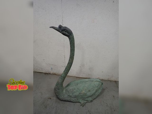 Lot 59-10123 - 1980s Bronze Swan Garden Sculpture with a Green Aged Patina, shows intricate feather detailing and a...