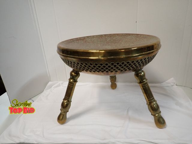 Lot 59-10193 - Vintage Turkish Moroccan Brass 3-Legged Brazier, Pierced Foot Warmer Stool with Islamic Designed Pai...