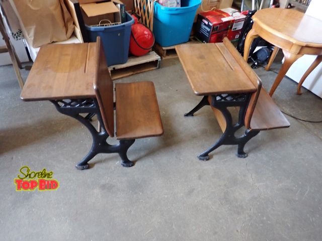 Lot 59-38343 - Rare 2 Matching Antique School Desks with Cast Iron Bases, Walnut Wood, Excellent Condition (were us...
