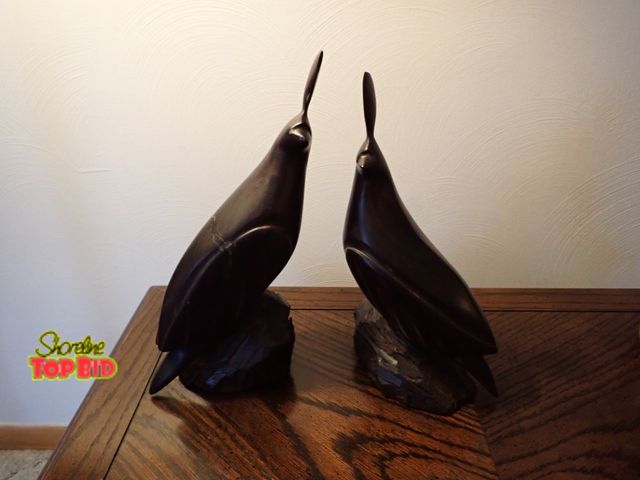 Lot 59-43087 - Pair of MCM Carved Partridge Iron Solid Wood Brown Birds Decor