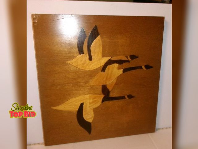 Lot 59-74482 - Vintage MCM Large Artist created wood inlay marquetry plaque - measures 18" X 18"