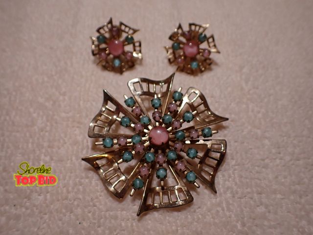 Lot 59-43323 - Vintage Pink and Blue Glass Filigree Flower Brooch Pin and Earring Jewelry Set