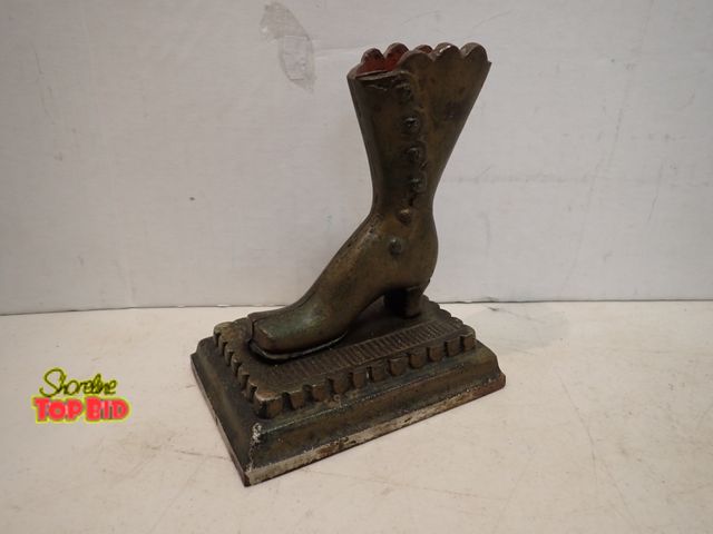 Lot 59-14546 - Antique Victorian Bronze Match Stik Holder Lady's High Top Button Up Boot Ca. 1890, 5 1/2" x 4" x 3"