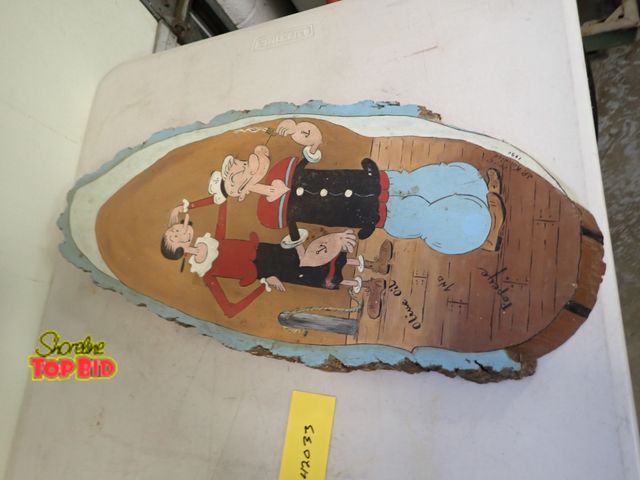 Lot 59-42033 - Vintage Folk Art Popeye &amp; Olive Live Edge Wooden Plaque 1990, Signed by Artist 22 1/2" x 10"