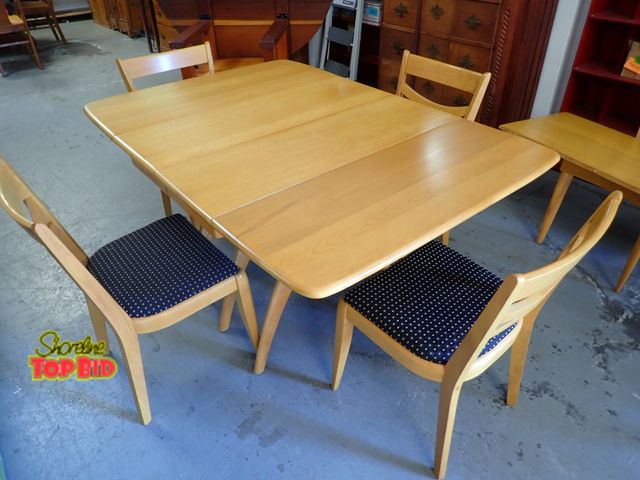 Lot 59-50123 - Stunning Heywood Wakefield Mid-Century Dining Room Table Set, 4 Chairs and 2 Leafs, 18" each. Excell...