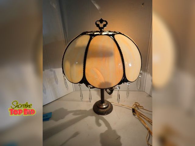 Lot 59-14436 - Antique Art Nouveau Beveled Slag Glass Panel Lamp Shade with Double Bulb. Ornate Bronze Base with Re...