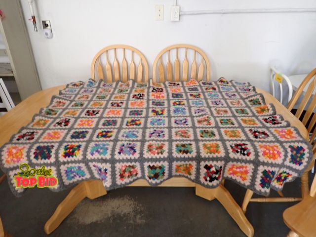 Lot 59-46110 - Handmade, Wool-Blend Granny Square Quilt, Pewter Grey Background with Vibrant Squares of Orange, Blu...