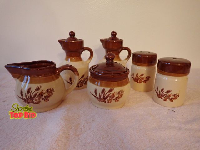 Lot 59-43462 - Vintage 1960s Harvest Wheat Stoneware Cream &amp; Sugar Set, Salt &amp; Pepper and 2 Pitchers