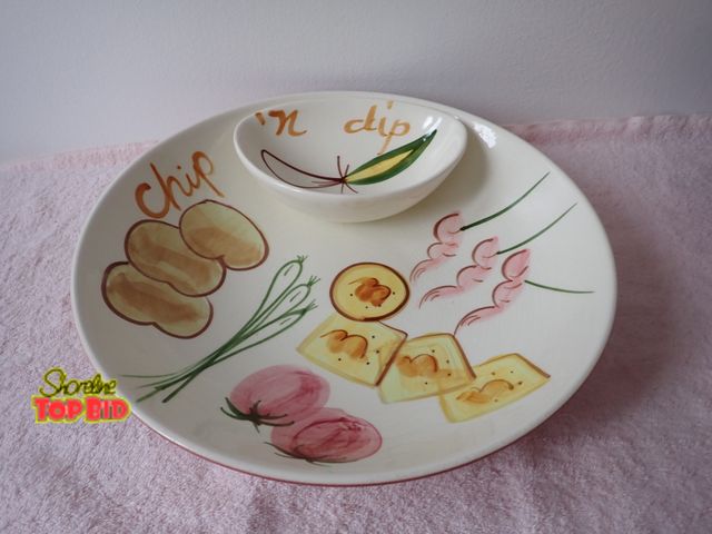 Lot 59-43533 - Vintage Hand Painted Art, Chip and Dip Serving Bowl, Retro MCM Los Angeles Pottery