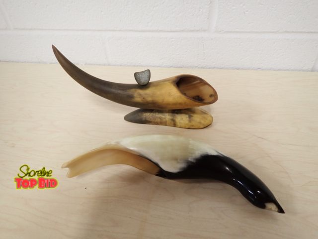 Lot 59-13067 - Polished Black and White Cow Horn or Ox Horn, Uruguay Carved on Bottom, 9" long and Vintage Cow Horn...