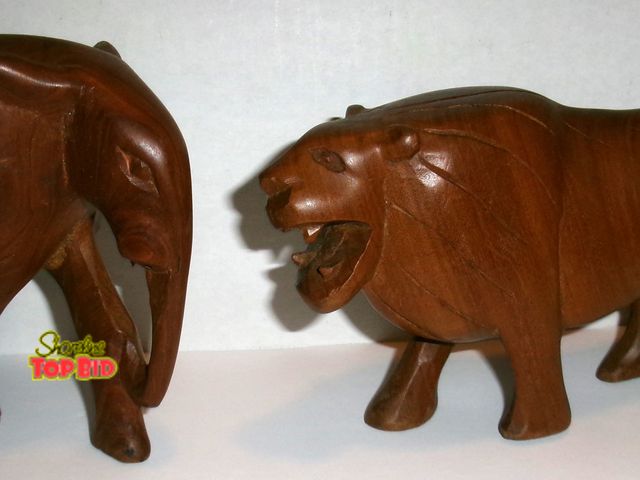 Lot 59-74558 - 2 Vintage Hand Carved Wood Figurines - Lion &amp; Elephant - Lion Approx 8" long - Elephant approx 6...