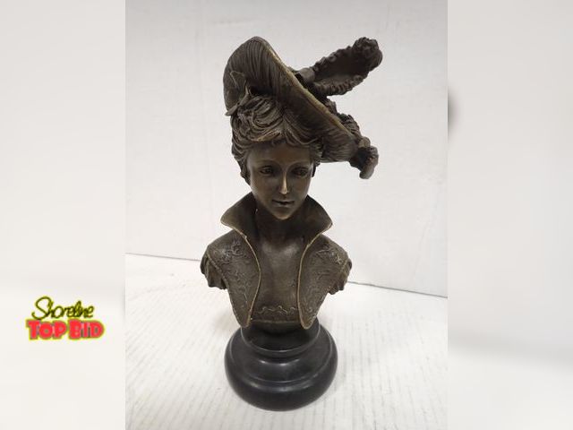 Lot 59-10111 - Bronze Statue Sculpture Elegant Victorian Woman in Hat with Feather on Marble Base 9" tall