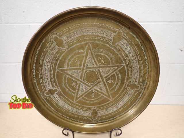 Lot 59-14356 - 20 1/4" dia Heavy Gauge Brass Platter with Etched Decor, Antique Moroccan
