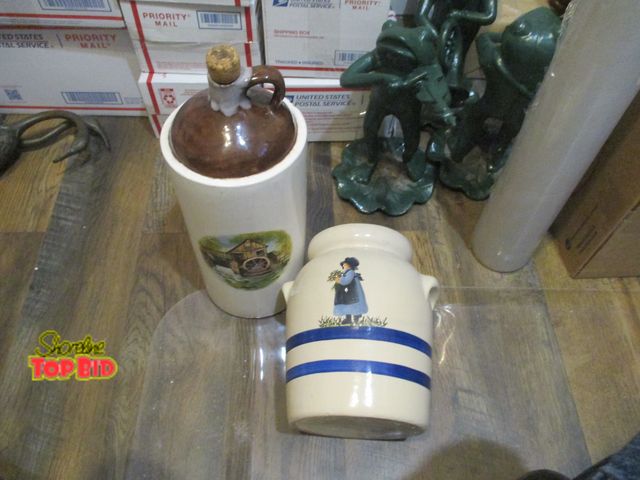 Lot 59-92041 - Amish 4-quart Roseville crock and farm stoneware jug