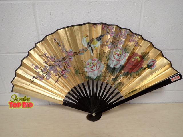 Lot 59-13066 - Golden-Tone Fan - Original "Made in China" Red/White Label: width spans up to 24", 16" long