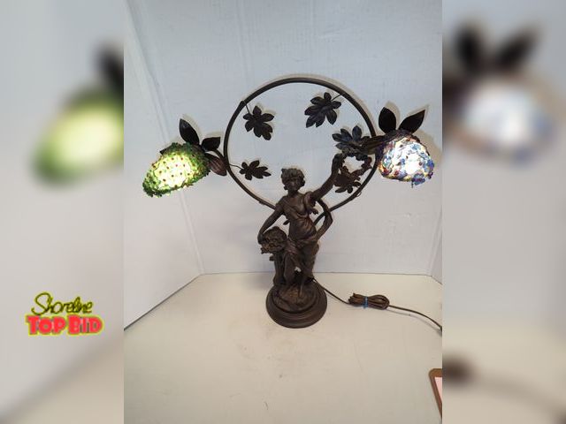 Lot 59-14143 - Art Nouveau Spelter Painted Maiden &amp; Roses Table Lamp with Glass Beaded Daisy Shades 22" tall