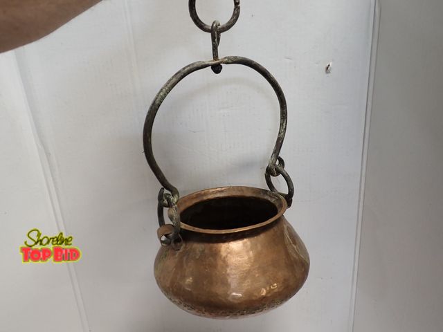 Lot 59-10394 - Antique Hammered Copper Cauldron Pot with Iron Hanging Handle 6" Depth x 11" Diameter Bottom